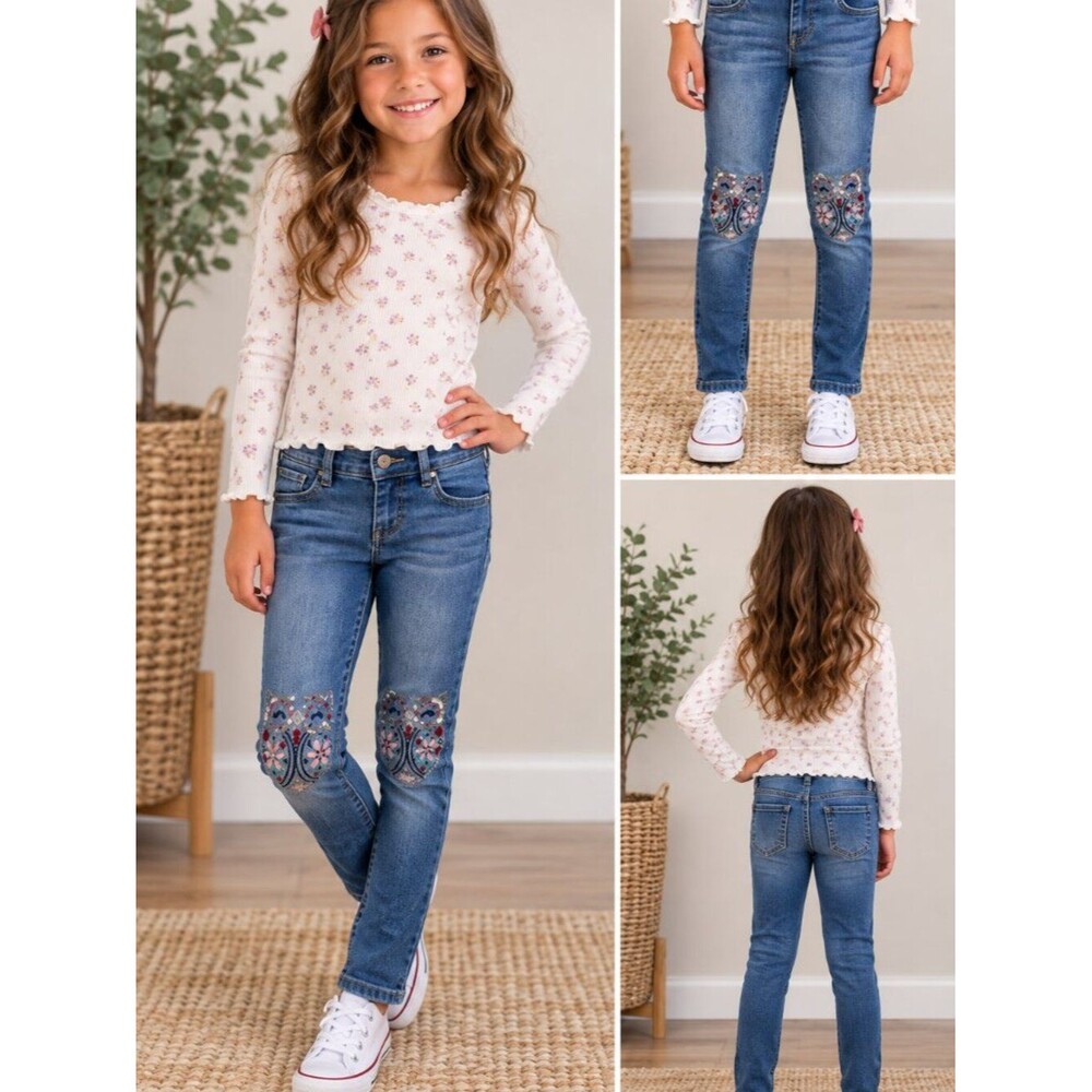 Squeeze Girls Jeans Size 7 Blue Embroidered Owl Sequin Skinny Denim Pants